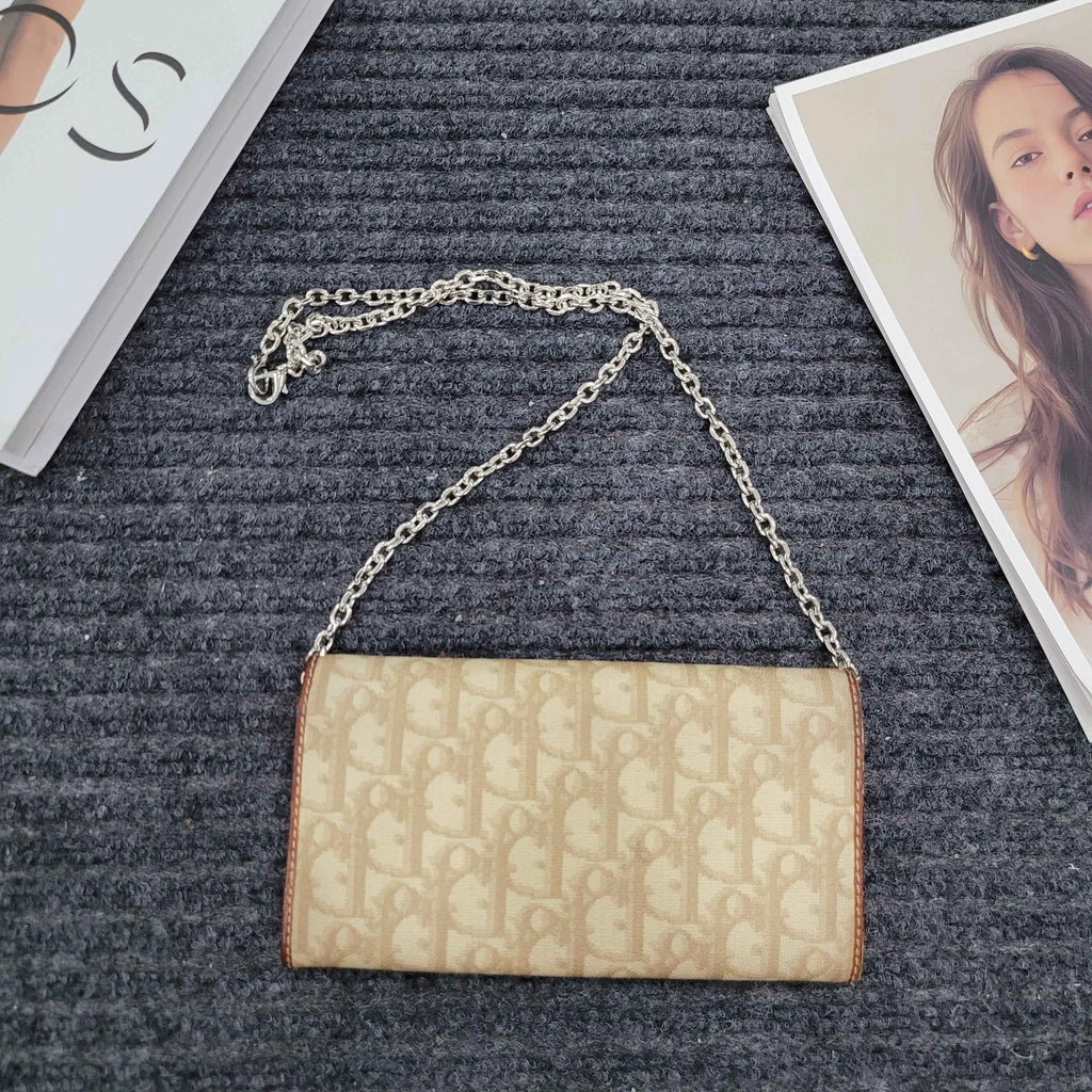Dior Vintage Monogram Canvas Heart Lock Long Wallet Crossbody Women