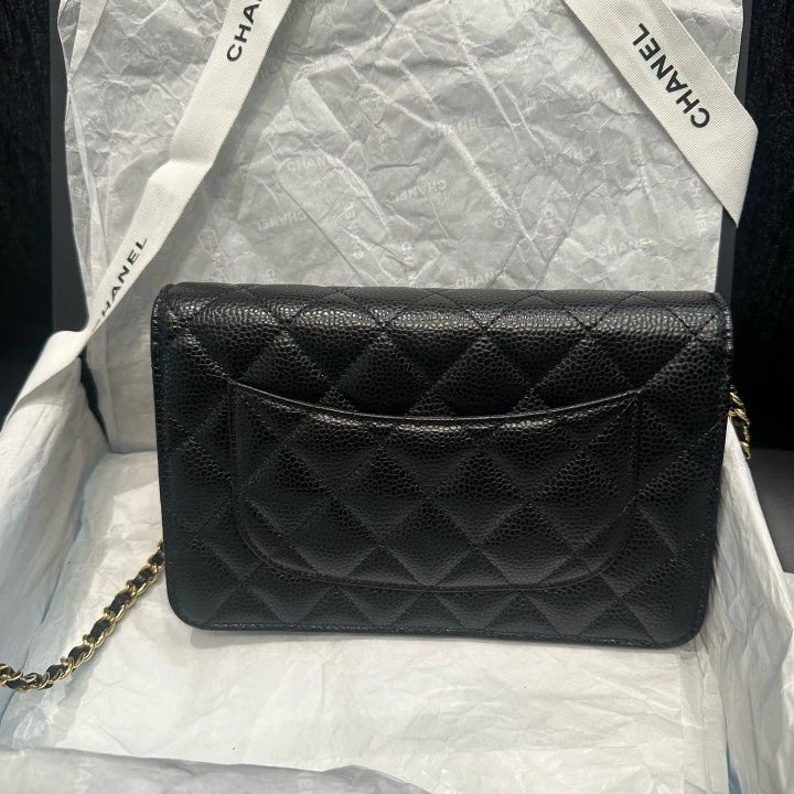 Chanel WOC Diamond Chain Shoulder Bag Crossbody Black Gold Women Classic D
