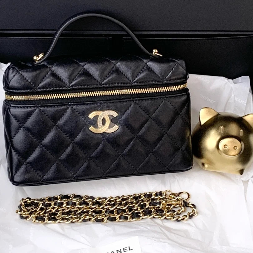 Chanel Lambskin Chain Top Handle Crossbody Bag Black Gold Hardware Women S