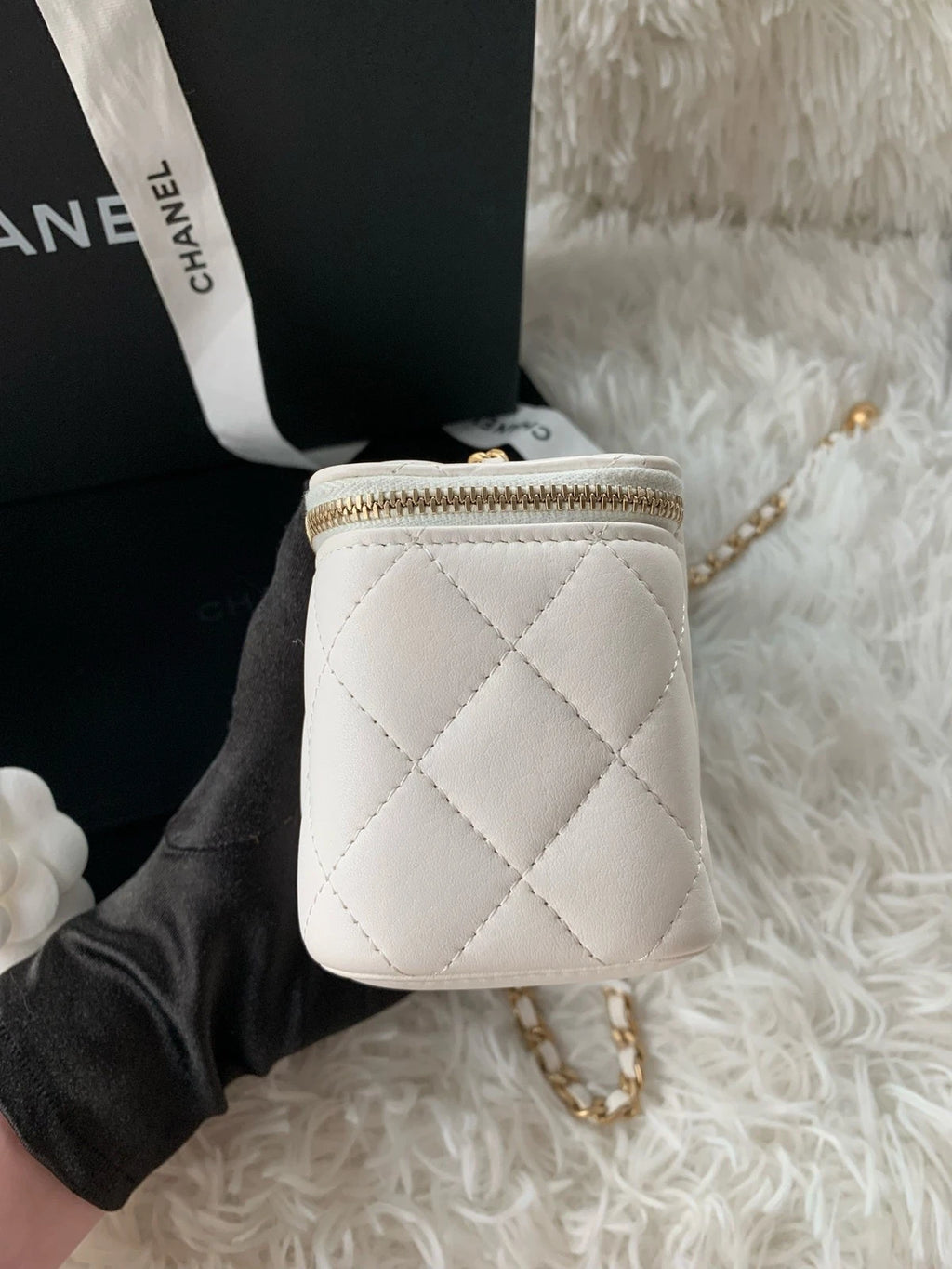 CHANEL White Lambskin Gold Ball Mini Box Crossbody Bag For Women