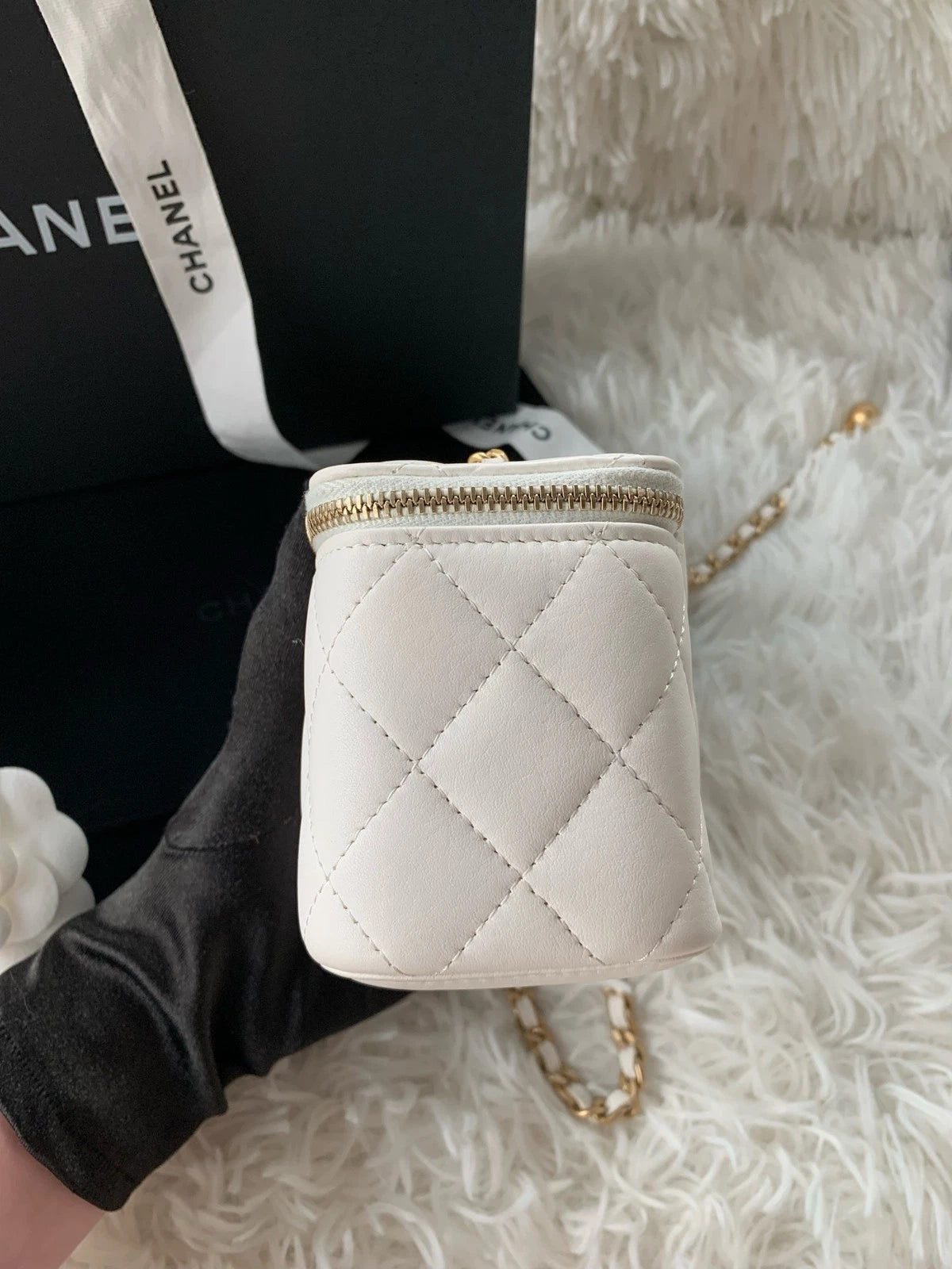 CHANEL White Lambskin Gold Ball Mini Box Crossbody Bag For Women