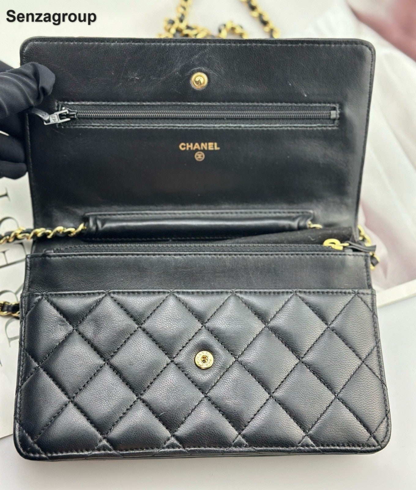 Chanel WOC Lambskin Chain Shoulder Bag Crossbody Black Gold Women Classic