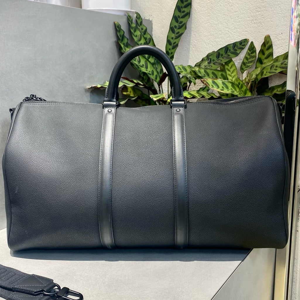 Louis Vuitton Keepall 50 Travel Bag Black Silver Unisex Classic
