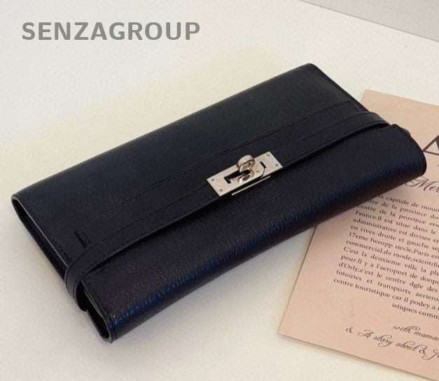 Hermes Kelly Long Wallet Clutch Lambskin Black Silver Used Women Classic