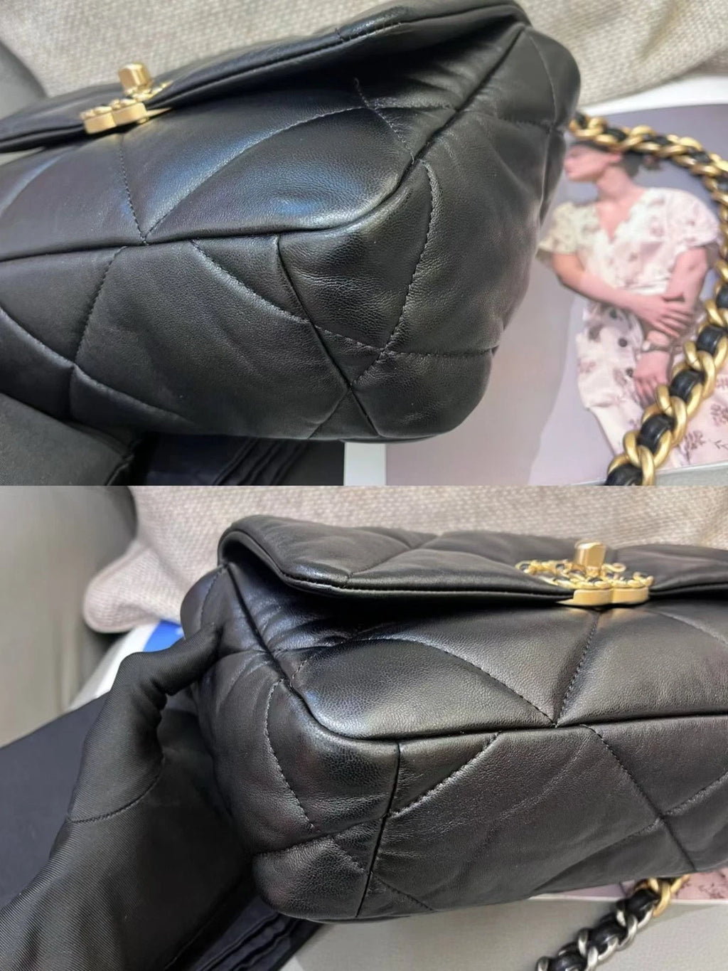 Chanel 19Bag PM Chain Top Handle Crossbody Black Gold Diamond Women Classic