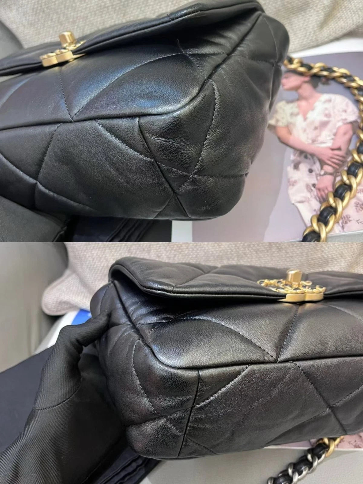Chanel 19Bag PM Chain Top Handle Crossbody Black Gold Diamond Women Classic