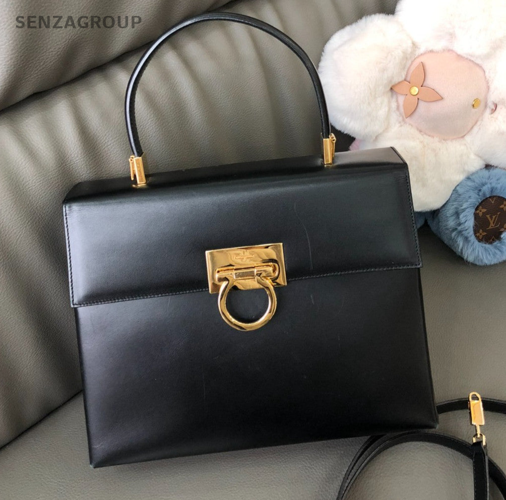 Salvatore Ferragamo Top Handle 2way Shoulder Handbag Black Gold Women