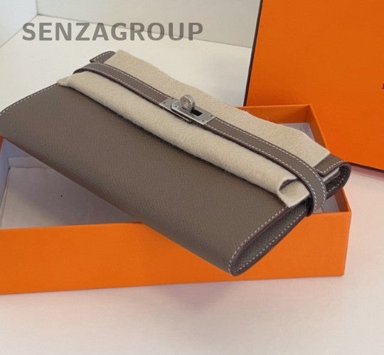 Hermes kelly Epsom Leather long Wallet Crossbody Gray Silver Women Classic