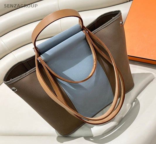 Hermès Canvas Leather Top Handle Shoulder Bag Women Gray