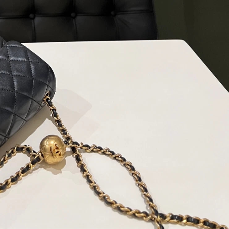 CHANEL Black Lambskin Gold Ball Mini Square Crossbody Bag For Women