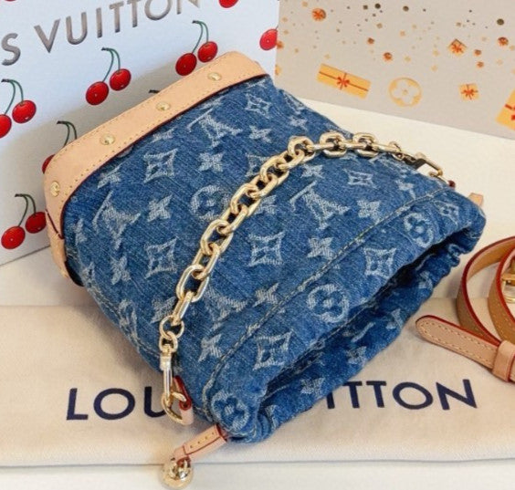 Louis Vuitton Nano Noe Denim Monogram Chain Shoulder Crossbody Blue Gold Women