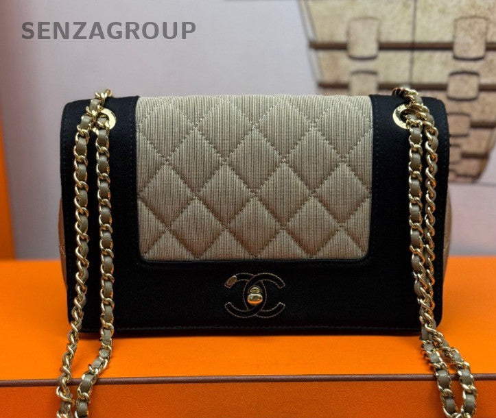 Chanel Classic Flap Canvas Chain Shoulder Bag Beige Black Gold Women Classic