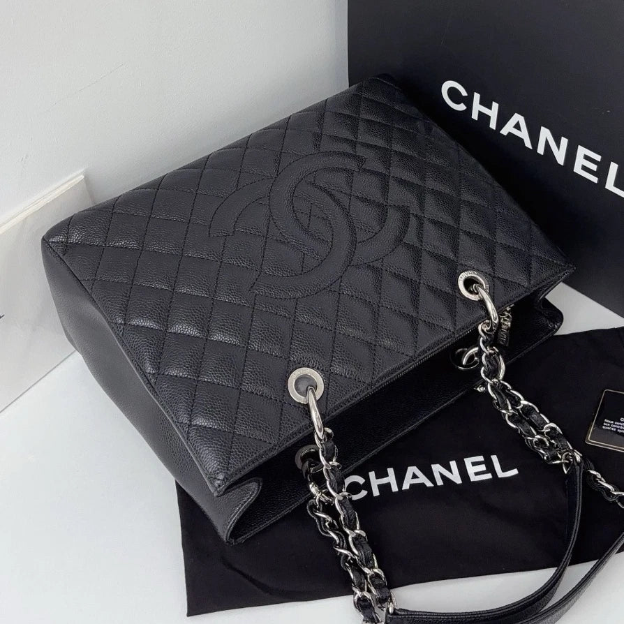 Excellent Chanel GST Calfskin Black Tote Chain Handbag Shoulder Bag CC Logo SHW