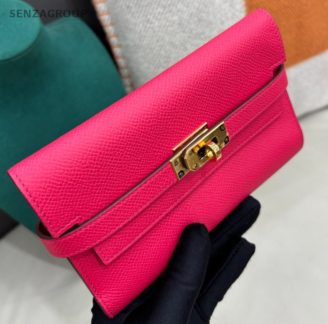 Hermes Kelly Epsom Leather Wallet Clutch Pink Gold Women Classic Fashion