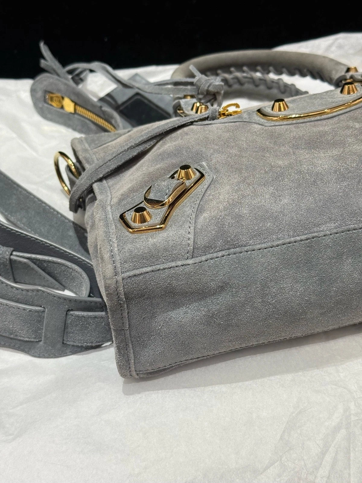 Balenciaga Le City Suede Top Handle Crossbody Gray Gold Women Classic