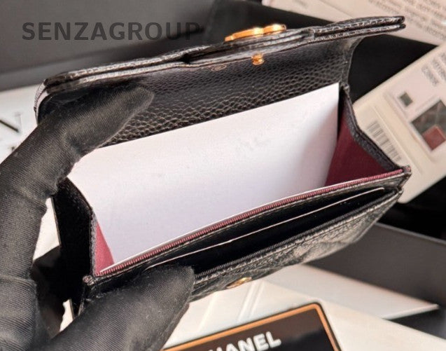CHANEL Classic Flap Black gold litchi cowhide card case Coin purse women