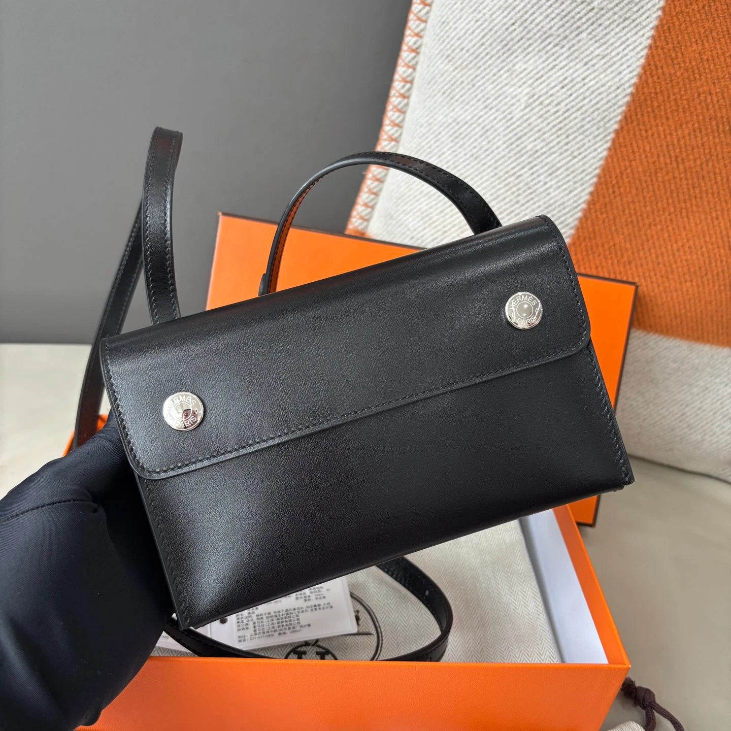 Hermes Snap Wallet 2Way Shoulder Bag Crossbody Black Silver Women Classic
