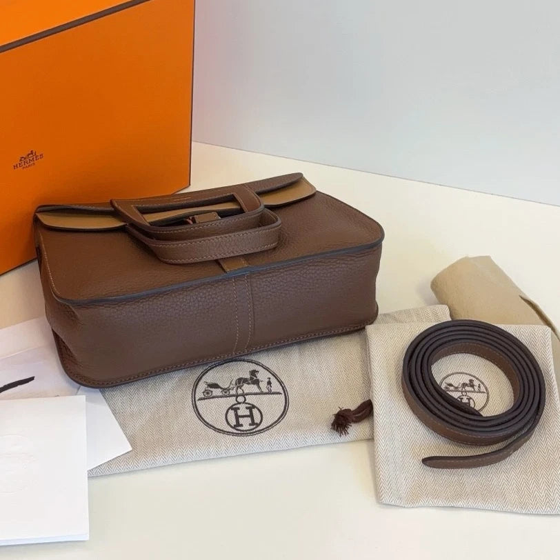 Hermes Halzan25 Shoulder Bag Crossbody Brown Silver Women Classic