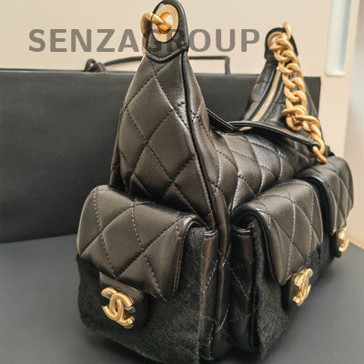 Chanel Quilted Black Gold Hobo Chain Shoulder Bag Small