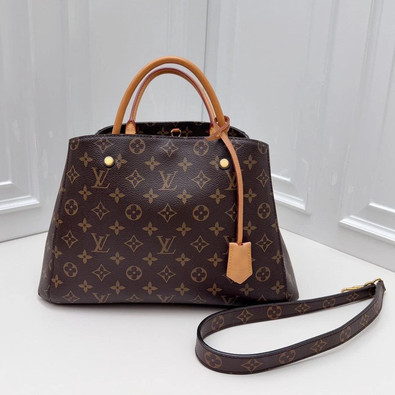 Louis Vuitton Montaigne MM Monogram Top Handle Crossbody Brown Gold Women