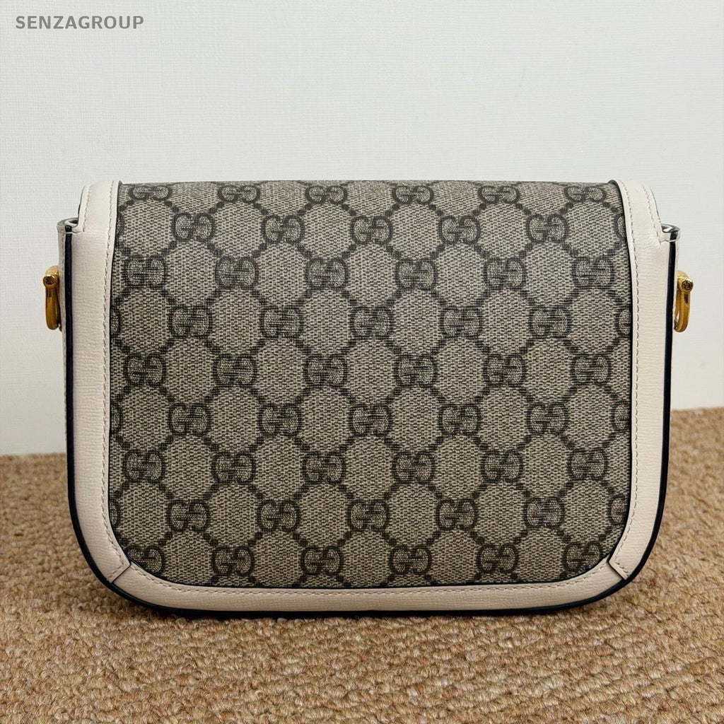 Gucci Monogram PM Saddle Shoulder Bag White Gold Women Classic 2 Straps
