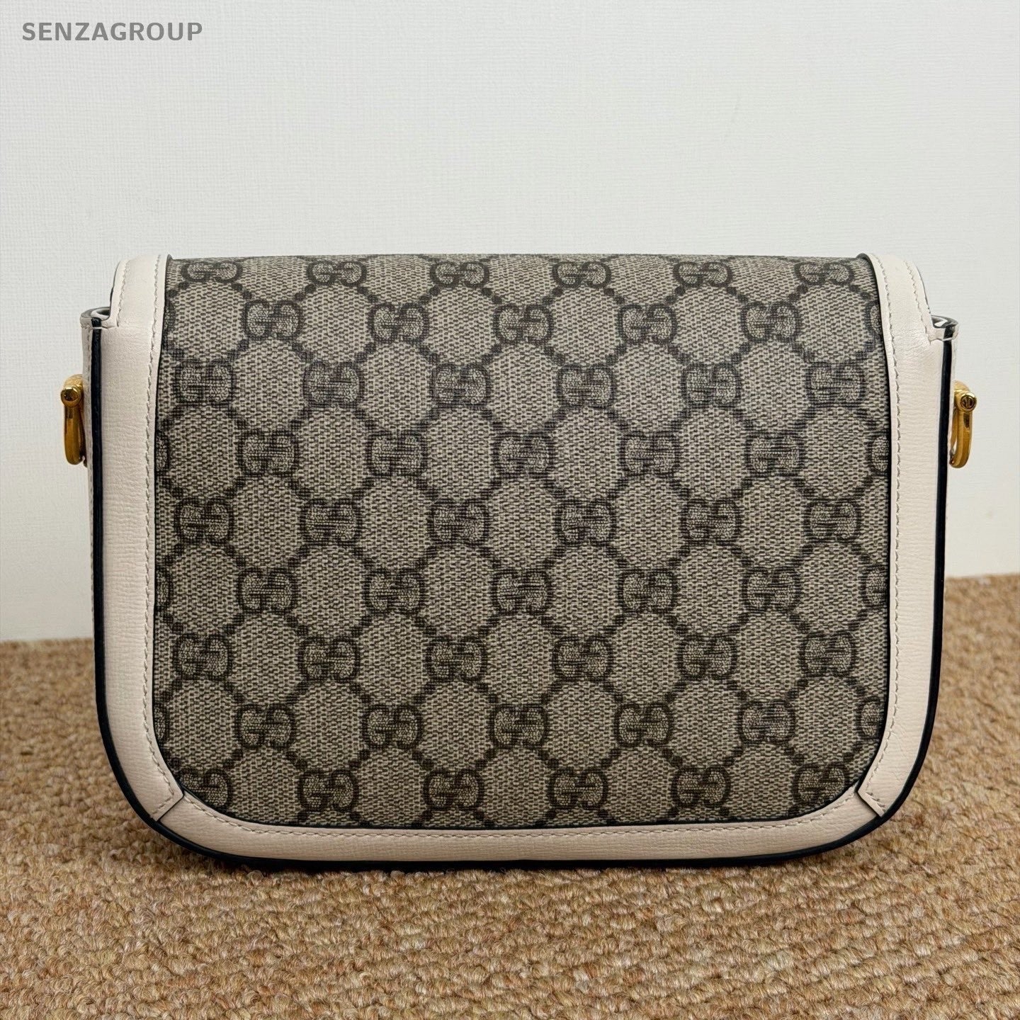 Gucci Monogram PM Saddle Shoulder Bag White Gold Women Classic 2 Straps