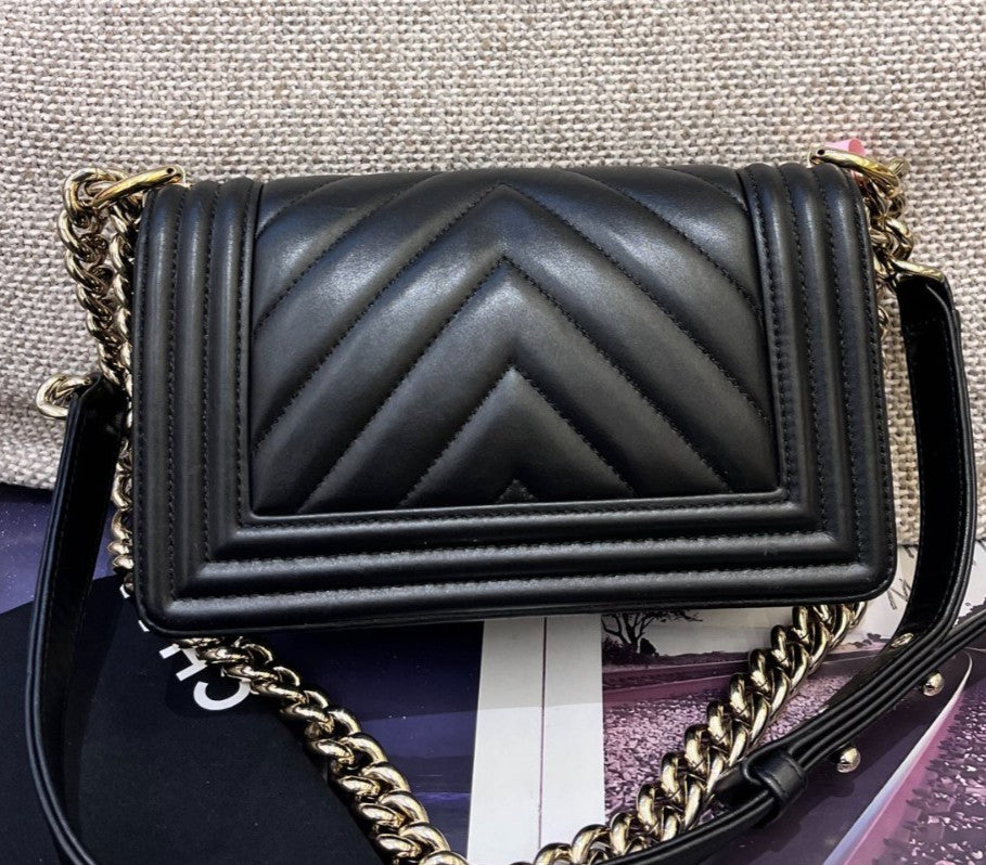 Chanel Leboy PM Chain Calfskin Shoulder Bag Crossbody Black Gold Women Classic