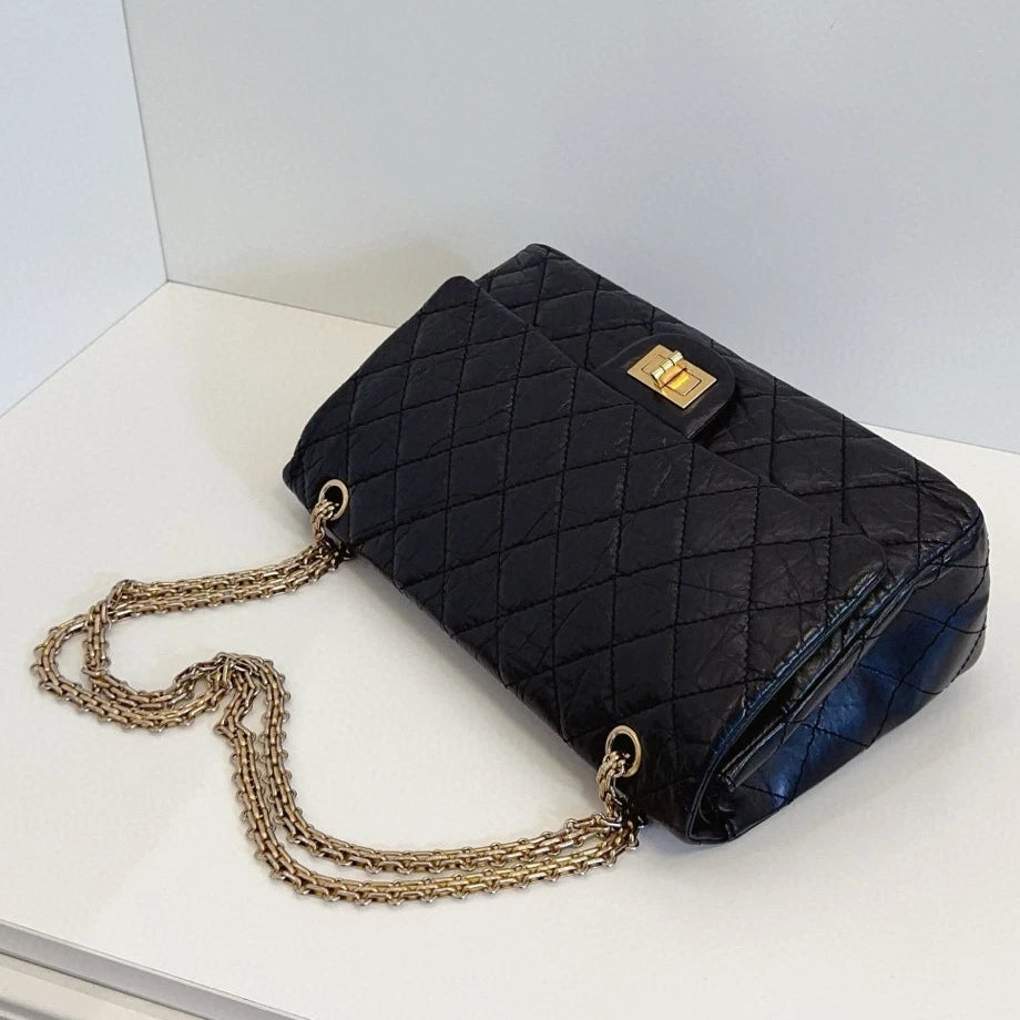 Chanel 2.55 Chain Shoulder Crossbody Black Gold Diamond Women Classic