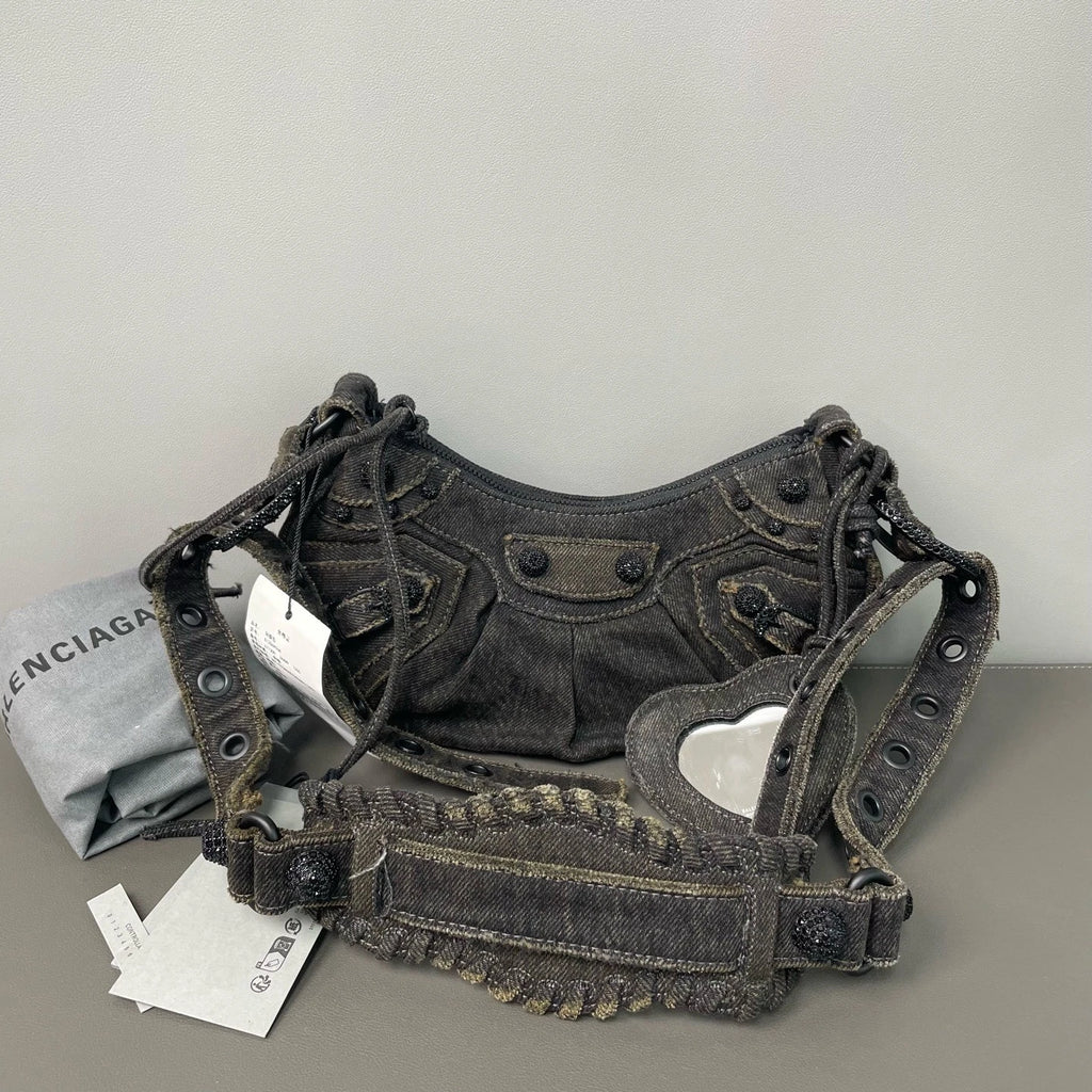 Balenciaga Lecagole XS Denim Motorcycle Bag With Rhinestone Women