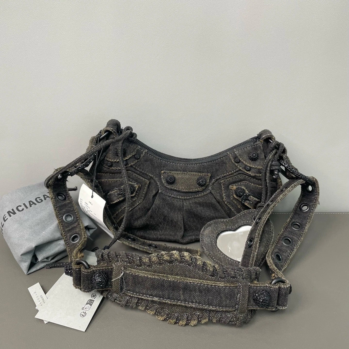 Balenciaga Lecagole XS Denim Motorcycle Bag With Rhinestone Women