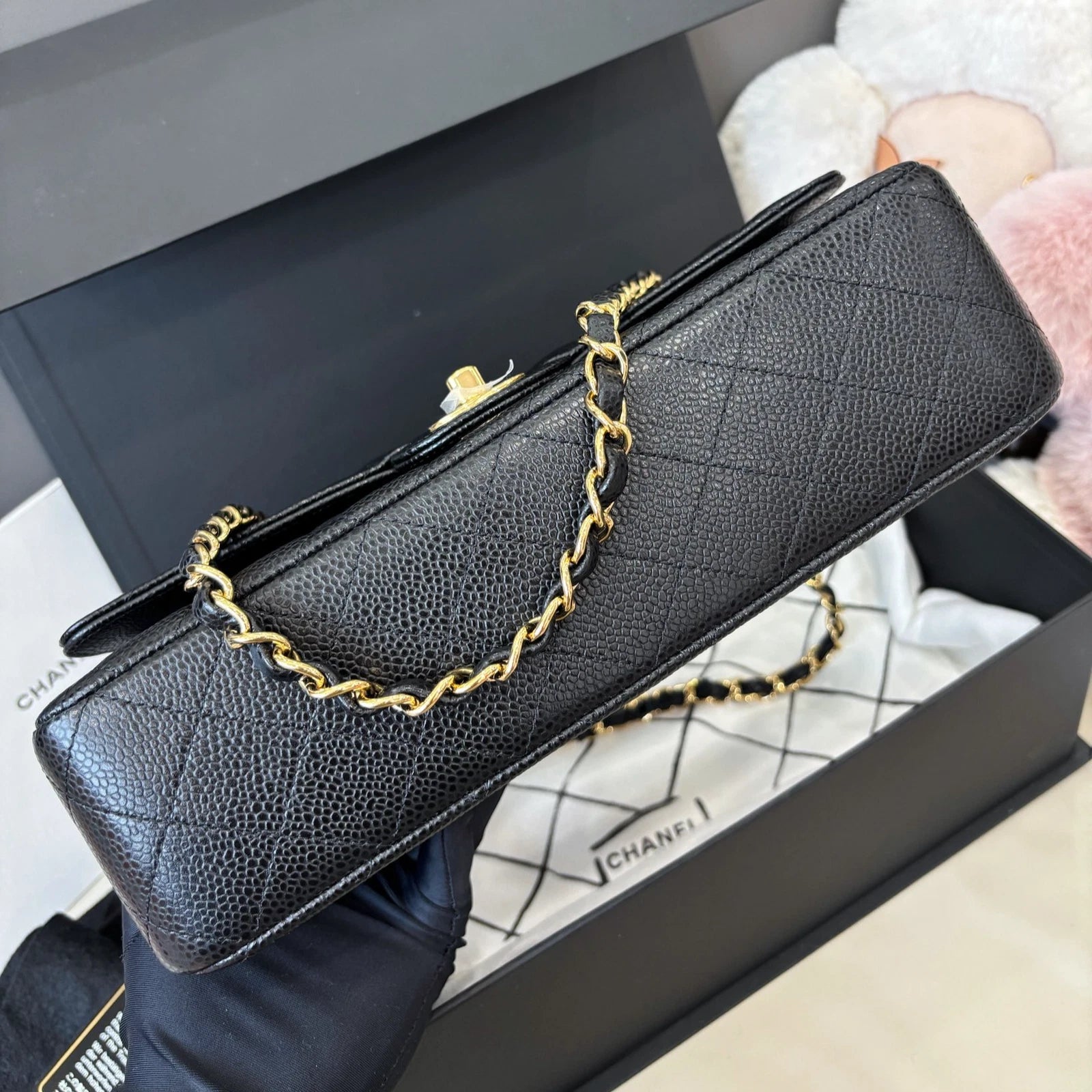 Chanel Classic Flap MM Calfskin Chain Shoulder Crossbody Black Gold Women
