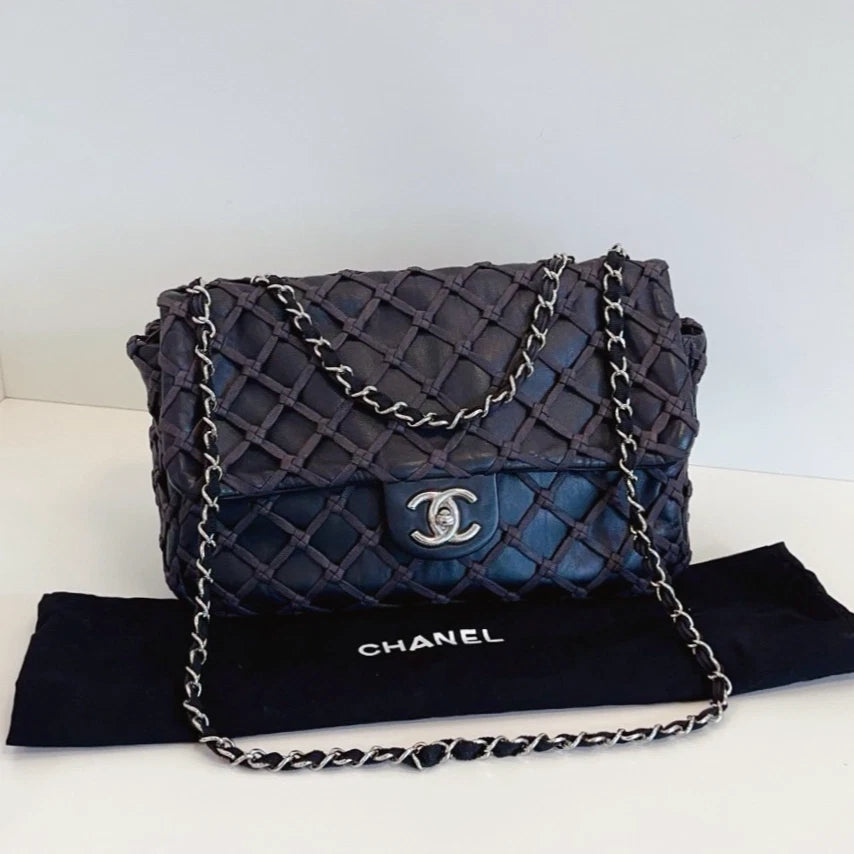 Chanel Classic Flap Jumbo Chain Shoulder Crossbody Black Silver Women