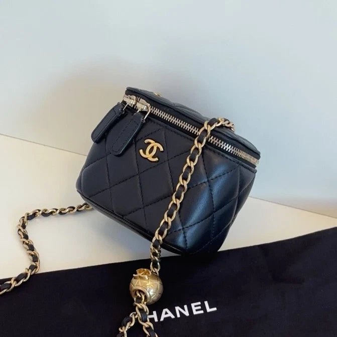 Authentic Chanel Black Vanity Case Diamond Crossbody Bag with Gold Ball Chain