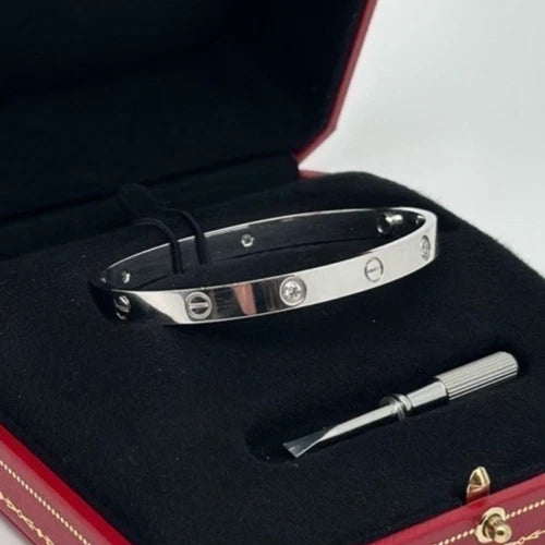 Cartier Love Classic Bracelet 4 Diamonds 18K White Gold Double Screw Bangle