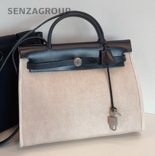 Hermes Herbag Canvas Top Handle Bag Crossbody White Black Women Classic Vintage