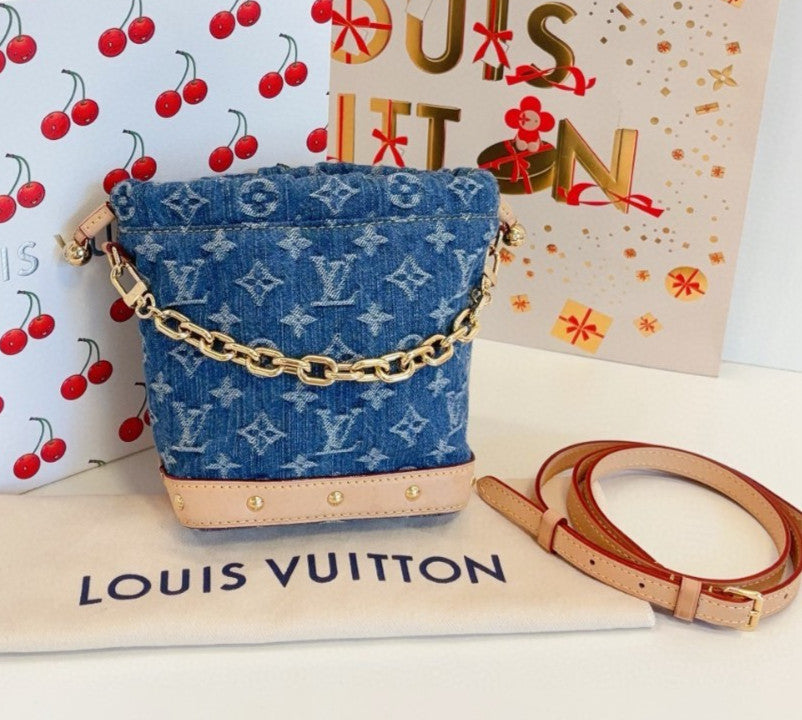 Louis Vuitton Nano Noe Denim Monogram Chain Shoulder Crossbody Blue Gold Women