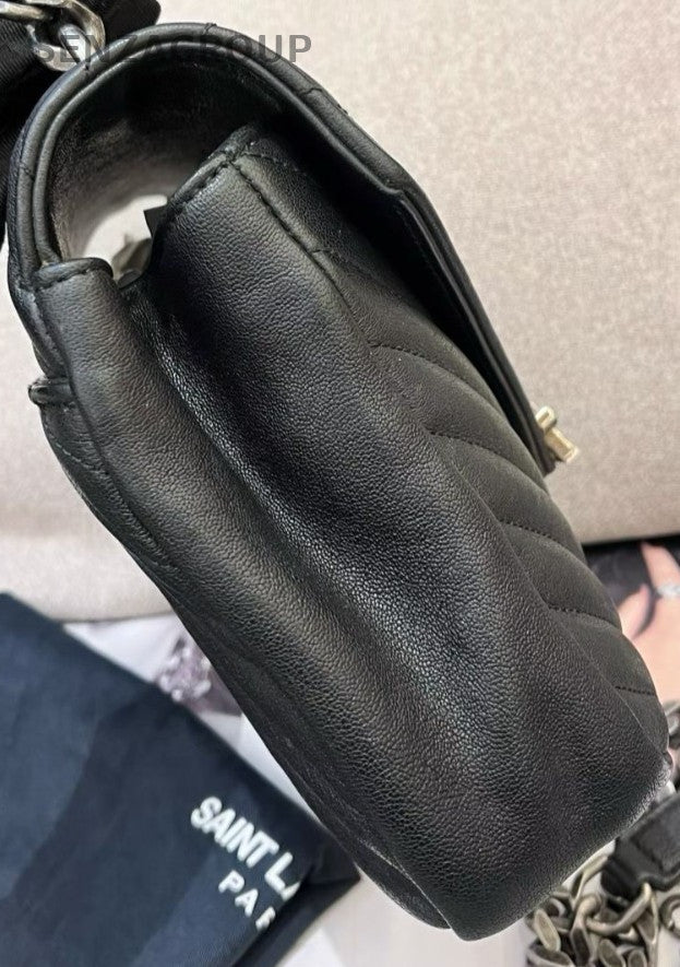 Saint Laurent College Calfskin Chain Shoulder Bag Black Silver Women Classic