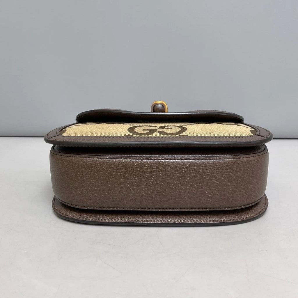 Authentic Gucci Bamboo Canvas Top Handle Crossbody Bag Brown Gold Hardware