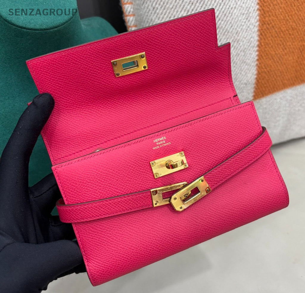 Hermes Kelly Epsom Leather Wallet Clutch Pink Gold Women Classic Fashion