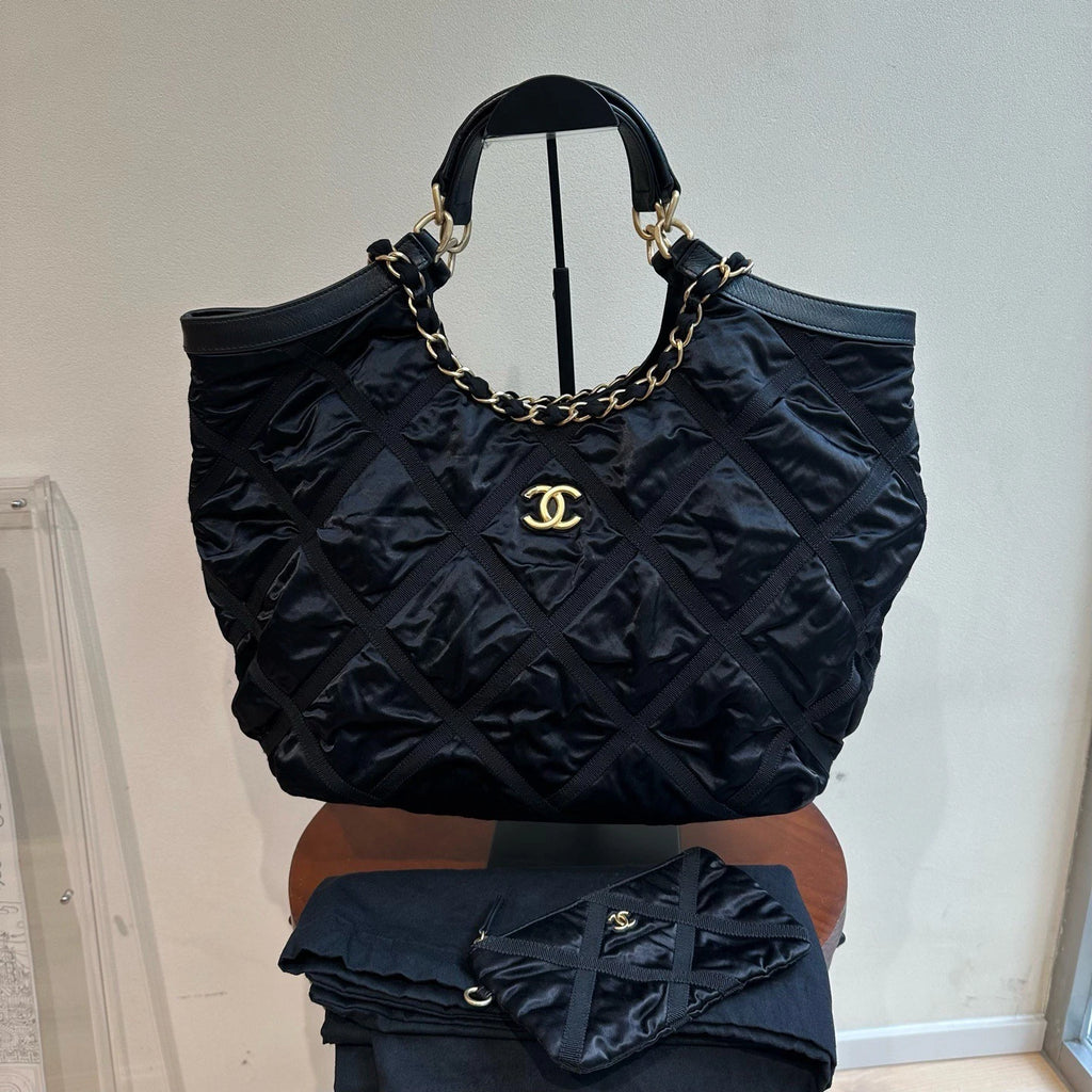 Excellent Chanel Maxi Tote Nylon Black Handbag Chain Shoulder Bag Chip Version