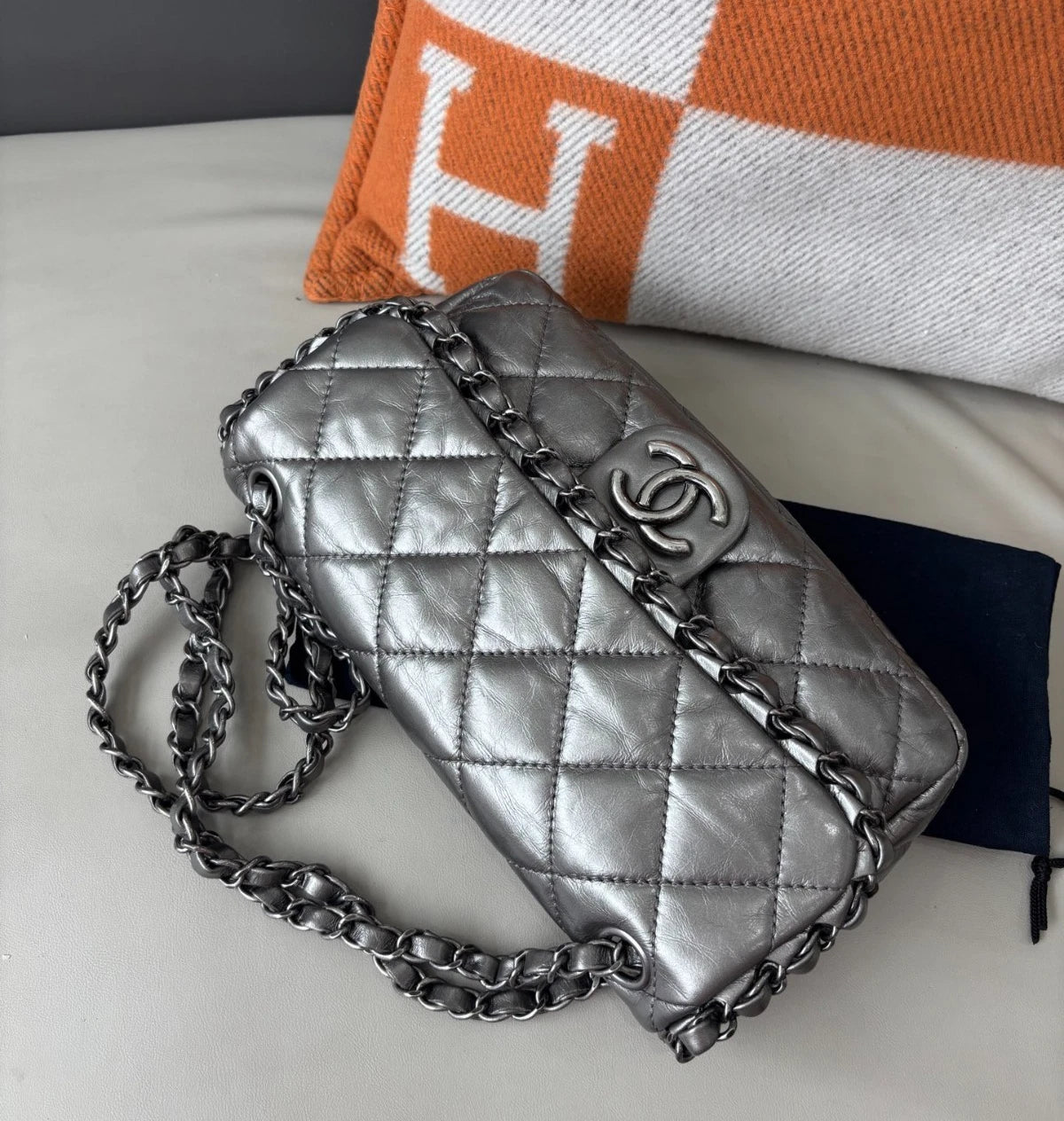 Chanel Classic Flap Calfskin Chain Shoulder Bag Silver Women