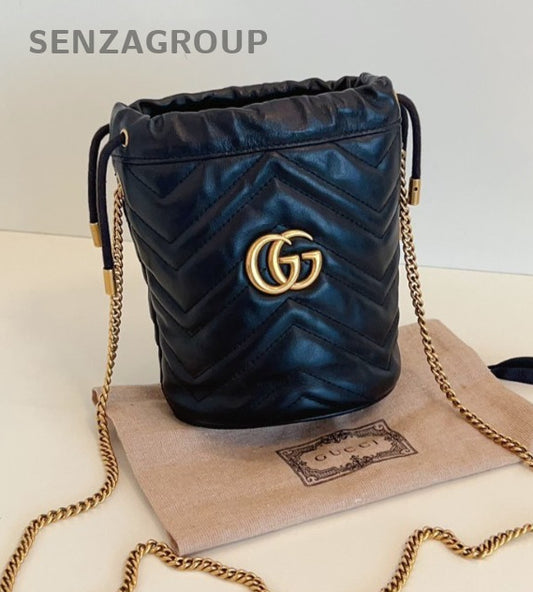 GUCCI GG Marmont mini Bucket Drawstring Chain Shoulder bag Crossbody Women Black