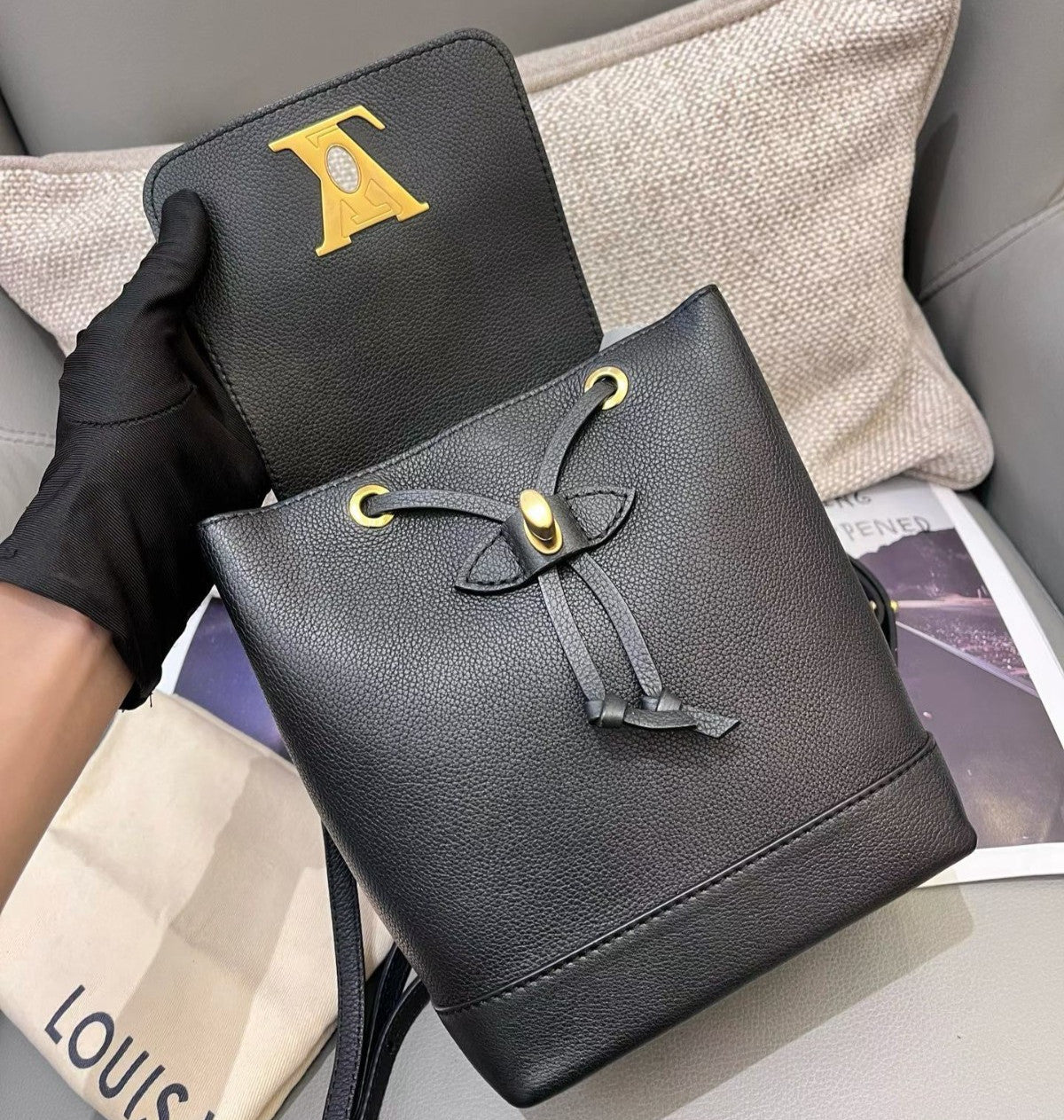 Louis Vuitton Lockme Mini Calfskin Backpack Black Gold Used Women Classic