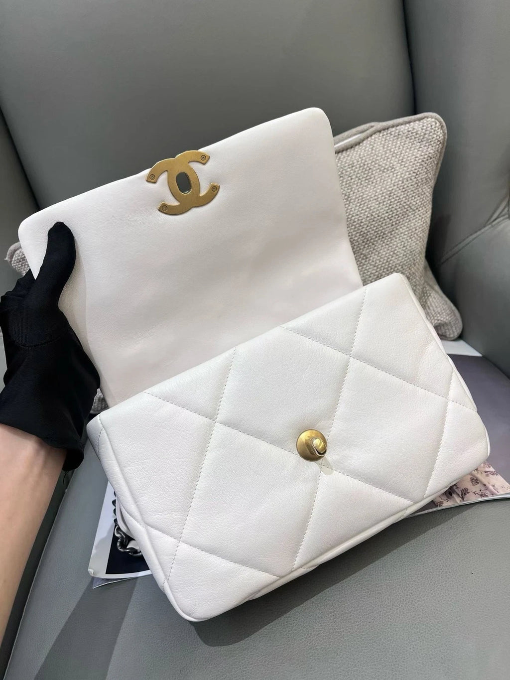 Chanel 19Bag PM Chain Top Handle Crossbody White Gold Women Classic