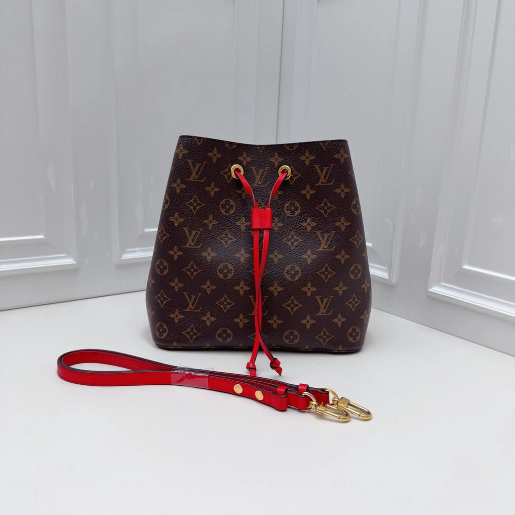 Louis Vuitton Bucket Monogram Canvas Shoulder Bag Brown Red Women Fashion