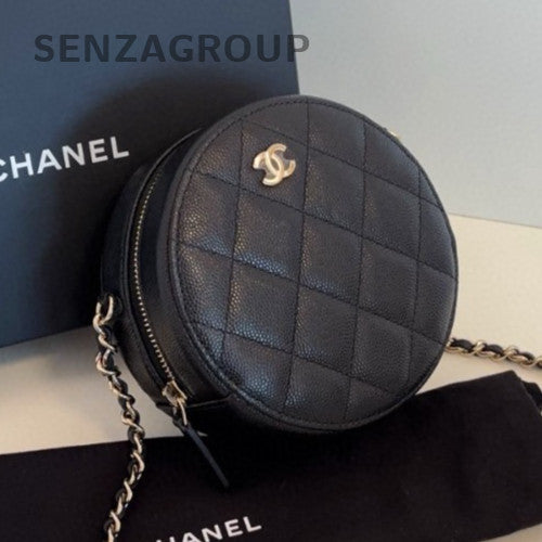 Chanel Calfskin Chain Round Bag Crossbody Diamond Black Gold Women Classic