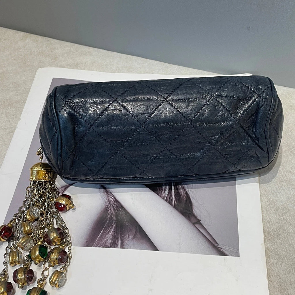 Chanel Diamond Clutch Black Gold Used Women Classic