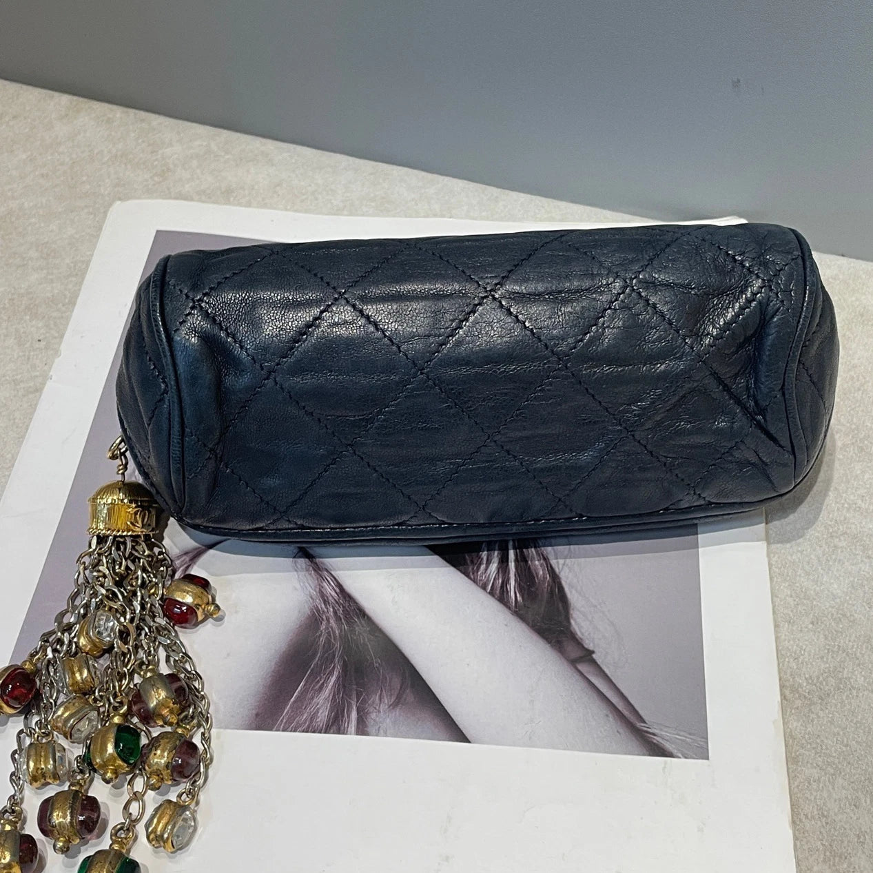 Chanel Diamond Clutch Black Gold Used Women Classic