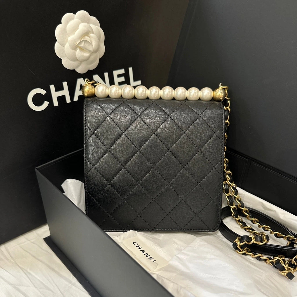 CHANEL Black Gold Lambskin Gold Buckle Pearl Crossbody Bag Women