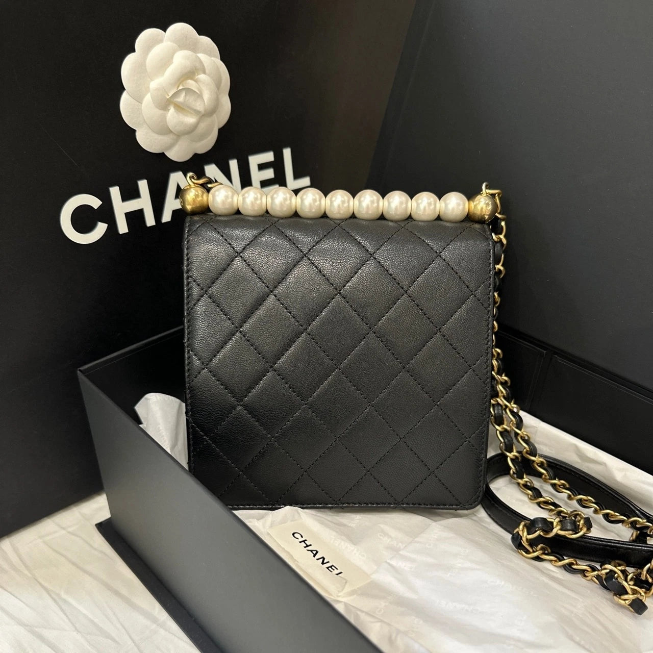 CHANEL Black Gold Lambskin Gold Buckle Pearl Crossbody Bag Women
